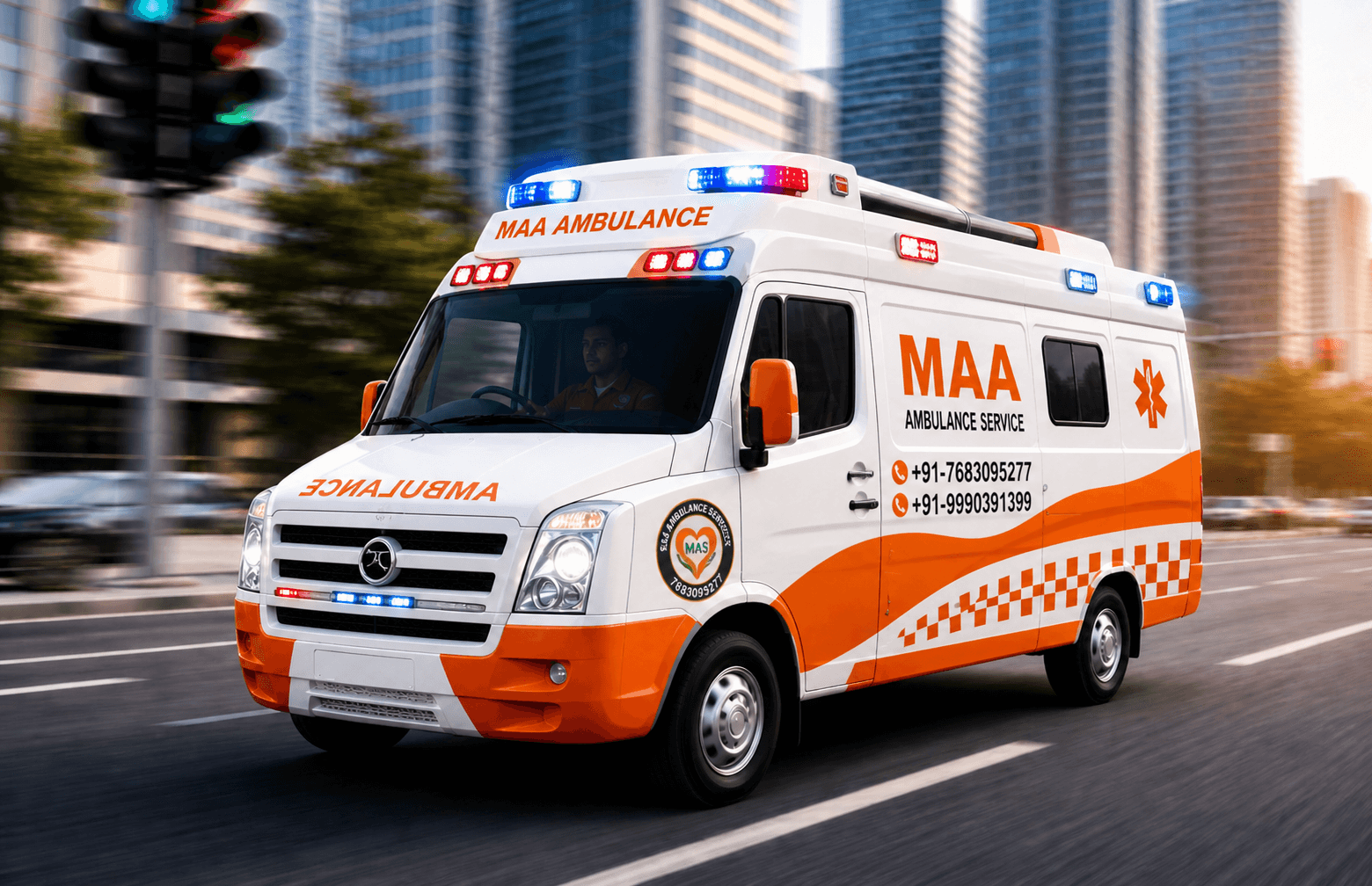 Maa Ambulance Service ICU ambulance ready for emergency dispatch in Gandhinagar